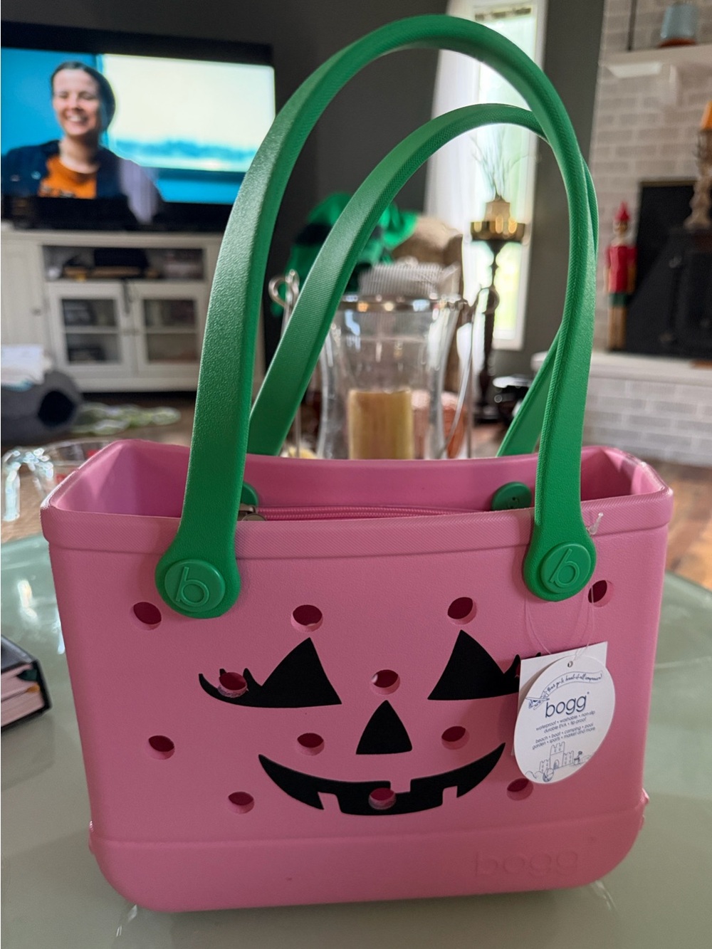 BOGG BAG Bitty in Soft Pink jack-o'-lantern Halloween theme with green handles